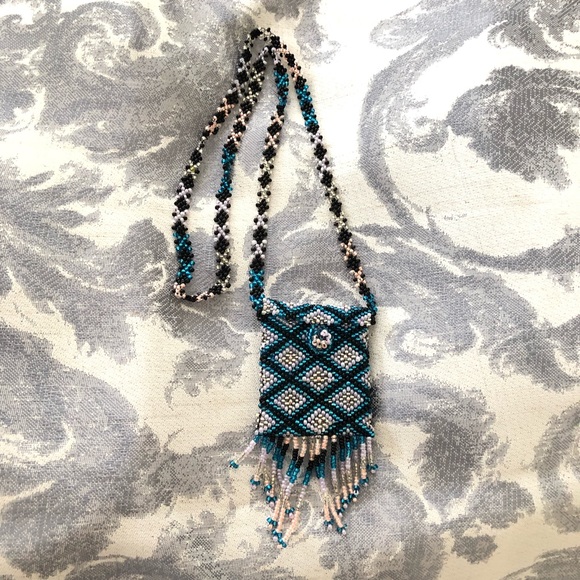 Southwestern Blue Beaded Medicine Bag Necklace NWOT - Picture 1 of 7
